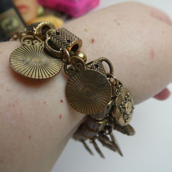 Brass Bronze Tone Dangle Charm Beaded Bracelet Adjustable Stretchy Boho Festival - Picture 7 of 7